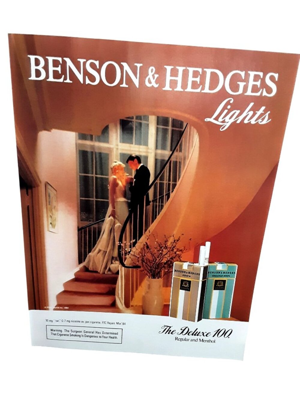 1985 Benson Hedges Lights Vintage Print Ad Deluxe 100s Formal Couple Staircase